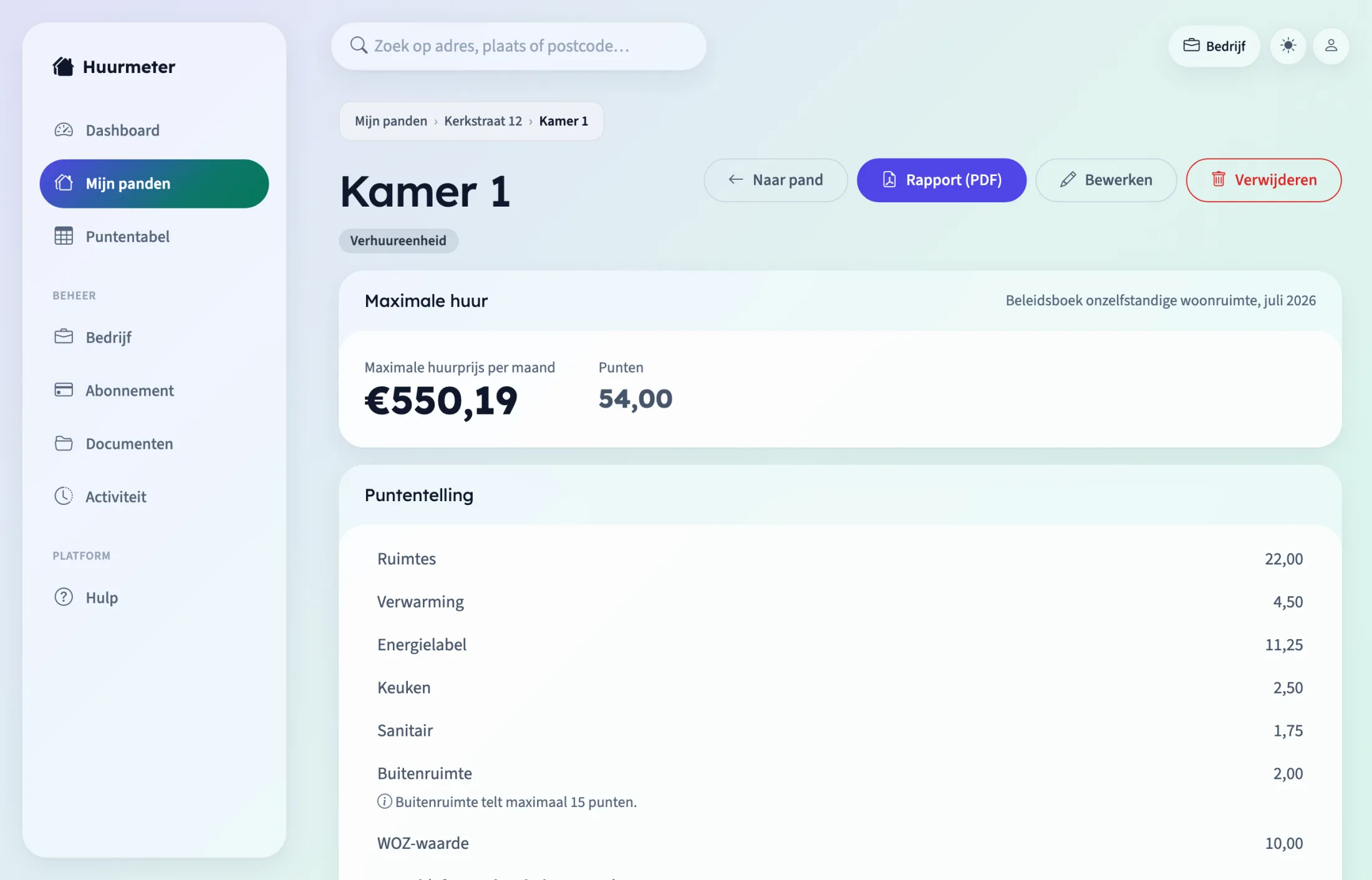 De pagina van een verhuureenheid in Huurmeter: de maximale huur van €550,19 per maand bij 54 punten, met daaronder de punten per onderdeel: ruimtes, verwarming, energielabel, keuken, sanitair, buitenruimte en WOZ-waarde.